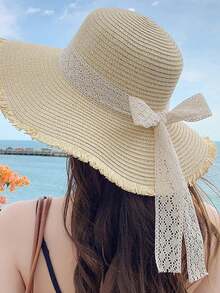 1 件女士春夏季宽边海滩防晒草帽度假帽 - 米色 - 查看 2