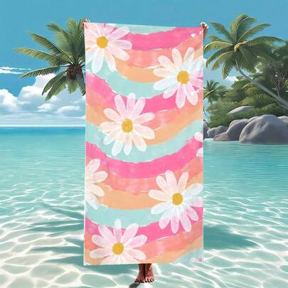 1pc Daisy Print Super Soft Fiber Beach Towel, Available In Multiple Sizes, Beach Blanket, Lightweight, Suitable For Swimming, Camping, Sports, Beach Or GymTravel Essentials Travel Accessories Beach Essentials