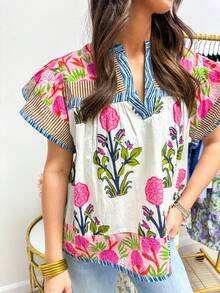 Boho Tops For Women Y2k Vintage Floral Short Sleeve Crop Top Fly Sleeve Floral Ruffle Shirts Out Going Peplum Oversized Loose Fit Blouse Streetwear Beach Vacation Clothes - 粉色 - 查看 3