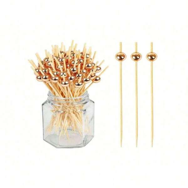 200/100/50/25/10pcs Golden Pearl Bamboo Skewers, 4.7inch Wooden Fruit Picks For Party, Birthday, Wedding, Club, Fruit, Cupcake, Hamburger, Bbq, Table Decoration And Dessert Accents