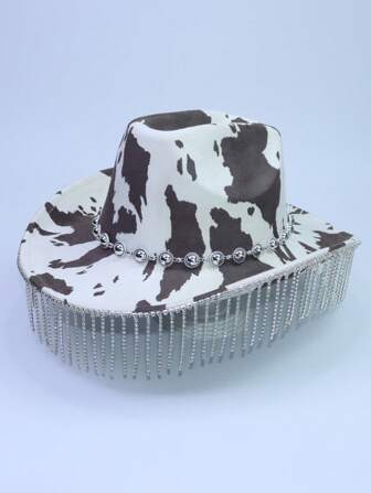 1 Pc Women's Floral Leopard Print Brim Crystal Pendant Tassel Western Cowboy Hat, Unisex Casual Sun Hat For Outdoors, Parties, Weddings, Daily Use