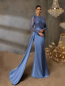 Elisanya Váy dạ hội đuôi cá sequin thanh lịch với chân váy satin dài chấm đất | Thiết kế trang trọng thanh lịch sang trọng | Hoàn hảo cho đám cưới, tiệc Gala, sự kiện thảm đỏ và bữa tối trang trọng - Màu xanh bụi bặm - Xem 8