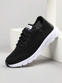 秋冬女士透气网眼轻便柔软舒适系带跑步鞋，适合户外运动，女士运动鞋 - 黑色 - 查看 4