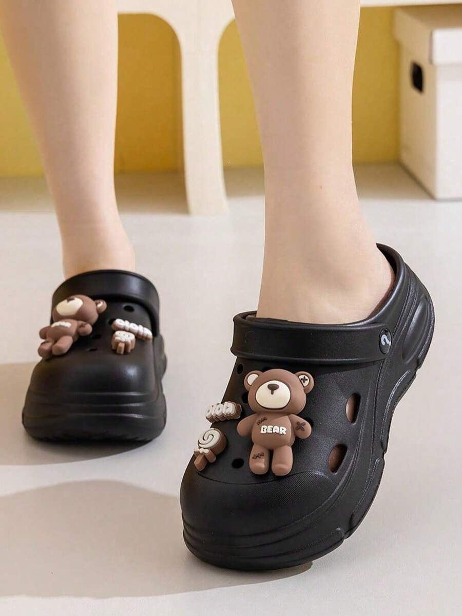 ASOFTER 夏季新款可爱休闲女式黑色镂空凉鞋，小熊装饰，包头厚底拖鞋，适合樱花季、斋月、毕业季、情人节等场合。