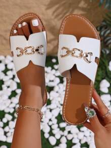 1 Pair Fashionable Minimalist Teenager Slide Sandals, Comfortable & Versatile, Chain Accent On Shoes, Suitable For Outdoor, Beach, Commuting