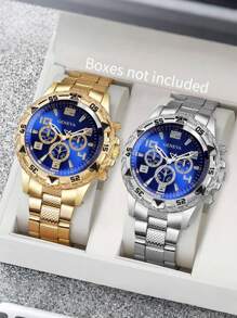 High-End Large Dial 3-Eye Steel Strap Men's Watch With Blue Sapphire Glass, Round Dial