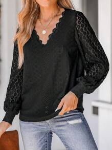 Womens Long Sleeve Lace Blouse V-Neck Hollow Out Top