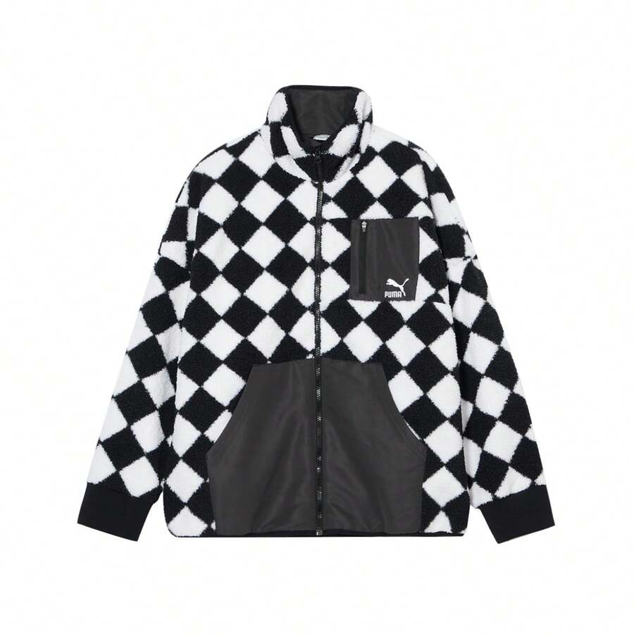 Puma 格纹仿羊毛夹克，男女通用设计 - 黑色 - 查看 1