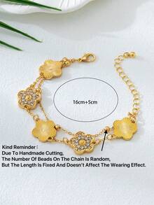 1 件水钻装饰四叶草幸运设计双层手链，适合女士，甜蜜派对礼物（手工制作，珠子数量可能有所不同，固定长度）