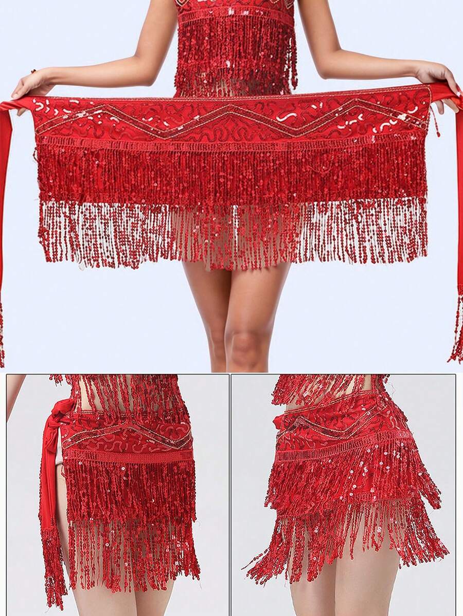 肚皮舞裙臀巾亮片流苏肚皮舞裙舞蹈臀带拉丁舞草裙舞臀巾表演服装