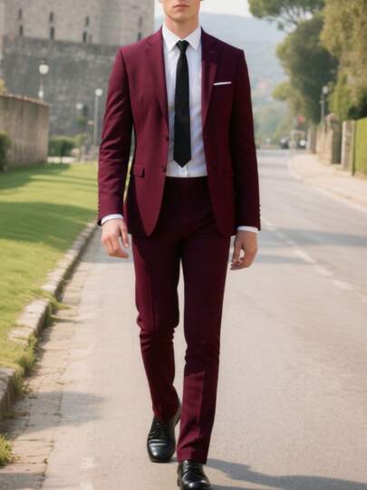 男士两件套西装，正式西装外套，西裤，纯色，带口袋，适合婚礼、派对、商务场合，酒红色，尺码 XS-XXXL
