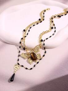 1pc Stylish, Exquisite, Elegant, Luxurious, Versatile, Unique, Shiny Butterfly & Heart Layered Pendant Necklace, For Women, Daily, Party, Commute, Holiday, Festival