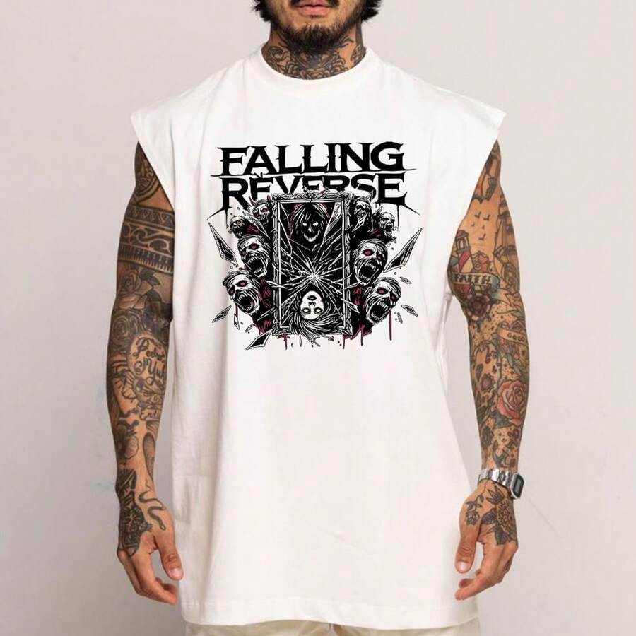 Falling Reverse Rock Dark Art Oversized Cotton Long Sleeve Tank Top - White - View 1