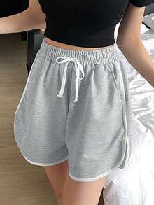Women Drawstring Waist Pocket Casual Loose Shorts - Grey - View 1