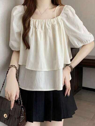 无袖短袖荷叶边领泡泡袖衬衫，时尚短款女式上衣，夏季