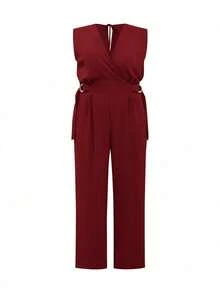 FASHION MIX PREMIUM Elegant Long Jumpsuit Tailored With Detail At The Waist And V-Neckline Plus Size Women's Fits 46 To 50 - 紅木色 - 查看 3