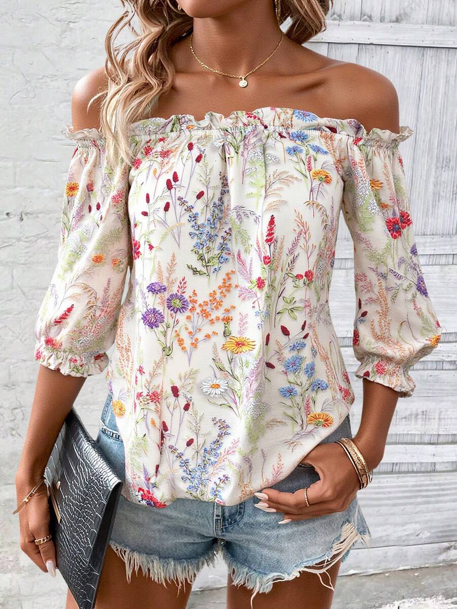 3D Floral Estampado Integral Floral Bohemio Chifón Volante fruncido Vacaciones Primavera - Blanco - Ver 1