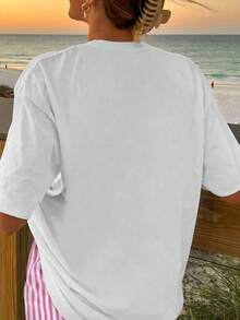 Flower Print Ladies Oversize Short-Sleeved Top Striped Shorts Suit Ladies Summer Leisure Two Pieces Suits Leisure Women's Clothing Seaside Vacation Summer Two Pieces Clothing