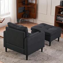 Juego de sillón tapizado en gris oscuro y otomana de almacenamiento - Sofá individual cómodo con portavasos y detalles acolchados, ideal para sala de estar o dormitorio - Gris oscuro + metal + espuma - Ver 2