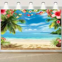 1pc Vibrant Hawaiian Beach Backdrop - Tropical Flower Palm Design, Durable Polyester Material, Perfect For Indoor & Outdoor Photography, Hawaiian Party Theme Decorations, Multipurpose Use