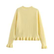 Women's Solid Color Knit Button, Ruched Trim, Pearl Frill Trim Long Sleeve Sweater, Autumn/Winter - Yellow - View 5
