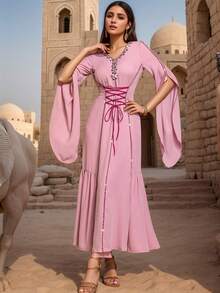 BEAUTY AMINAH 5039 V-Neck Women Abaya Dress, Waist Tie Belt + Handmade Crystal Flared Sleeve, Eid Festival Party Gown