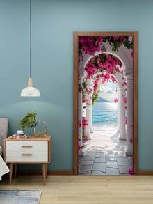 1 件现代可移除墙画门贴纸 - 白色柱廊配粉色花朵，卧室墙贴的抽象艺术海报，宁静的海岸景观设计，易于安装的纸质装饰，适用于家居装饰贴纸，个性化贴纸