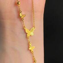 Colar feminino com borla de aço inoxidável 18 borboleta dourada antiga, delicado, versátil, nicho leve, luxuoso, corrente de clavícula - Dourado - Visão 2