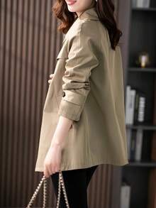 优雅女士前扣秋季夹克，大翻领设计，时尚经典风衣，适合日常穿着和春秋旅行 - 卡其色 - 查看 2