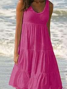 Womens Summer Sundress Boho Casual Tank Dresses Sleeveless Tiered Swing A Line Beach Dress - 玫紅色 - 查看 1