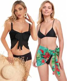 CHICGAL 2 Pieces Women Beach Sarong Bathing Suit Wrap Skirt Sheer Bikini Swimsuit Cover Ups Swimwear - 黑色和藍綠色 - 查看 6