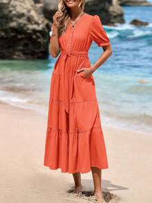 Women's Summer Dresses For Elegant Classy Short Sleeve V Neck Ruffle A Line Belted Long Flowy Beach Vacation Dress Easter Dresses For Women - 橘色 - 查看 2