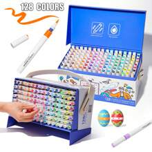 Juego de 128 colores de rotuladores acrílicos de brocha suave a base de líquido con estuche de regalo - Rotuladores de colores profesionales para dibujo y pintura para estudiantes y artistas, incluye 120 rotuladores acrílicos + 8 bolígrafos de tinta metálica y perlada, resistentes al agua y a la decoloración para manualidades, colorear en rocas, madera, vidrio, cerámica y talla grande. Juego de regalo perfecto para amigos como útiles escolares y materiales artísticos.