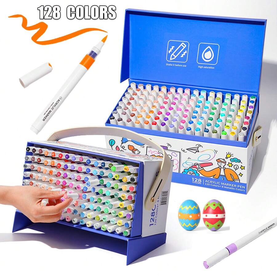 Juego de 128 colores de rotuladores acrílicos de brocha suave a base de líquido con estuche de regalo - Rotuladores de colores profesionales para dibujo y pintura para estudiantes y artistas, incluye 120 rotuladores acrílicos + 8 bolígrafos de tinta metálica y perlada, resistentes al agua y a la decoloración para manualidades, colorear en rocas, madera, vidrio, cerámica y talla grande. Juego de regalo perfecto para amigos como útiles escolares y materiales artísticos.
