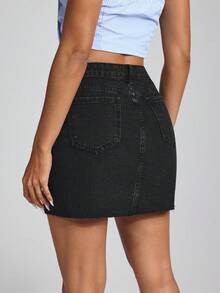 Jeanoix Váy mini denim dệt cạp cao màu đen phong cách đường phố Châu Âu & Mỹ dành cho nữ - màu đen - Xem 2