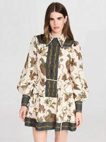 Women's Spring And Summer Short Dress Bohemian Printed Casual Cardigan Long Sleeve Printed Lapel Dress