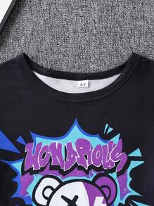 Set 2 buc. tricou și pantaloni scurți cu mânecă scurtă, cu slogan și ursuleț, pentru băieți, potrivit pentru activități în aer liber, casual, sport și purtare zilnică vara