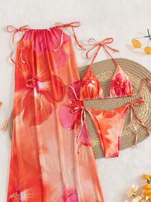 3pcs Women's Summer Halter Floral Print Skirt, Bikini Swimsuit & Mesh Maxi Dress Set