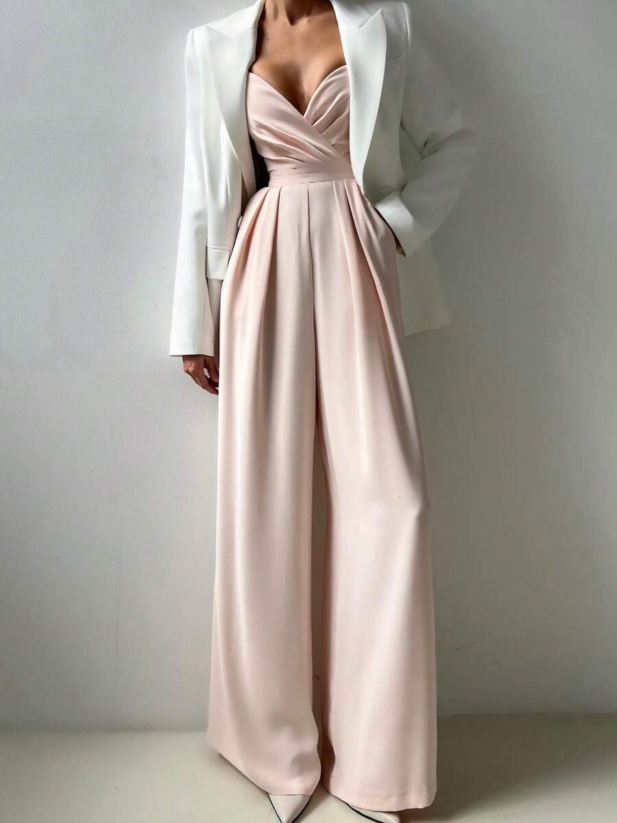 Las mujeres de color sólido sin espalda recta de pierna ancha de cintura a medida mono, elegante temperamento delgado pantalones conjunto de boda del partido / conferencia diaria elegante desgaste preferido