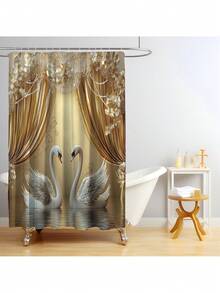 1pc/4pcs Golden Swan Design Bathroom Set, Printed Multi-Functional Decorative Shower Curtain With 12 Hooks, Bathroom Anti-Slip Mat, U-Shape Floor Mat And Round Toilet Seat Cover, Suitable For All Bathroom Scenarios Room Decor Bathroom Accessories Back To School Bathroom Decor - Multicolor - View 6