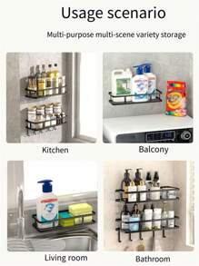 1pc Iron Storage Rack With Hook, Multifunctional Black No Perforation Wall Mounted Corner Storage Rack For Bathroom