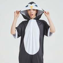 Pijamas de animales para niños y niñas, ropa de casa para niños y niñas, pijamas de verano de una pieza de manga corta con elementos de animales para niños. - Blanco y negro (pingüino) - Ver 2