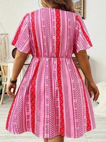 Women's Plus - Size Summer Patterned Dress, V - Neck Puff Sleeve, Ideal Vacation Outfits Women, Flowy Dress Summer For Beach & Casual, Must - Have Summer Clothes With Unique Design