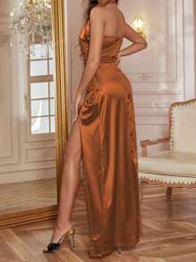 Vestido midi para mujer de cuello halter con abertura lateral slim fit, sin mangas, para fiesta y cóctel, otoño