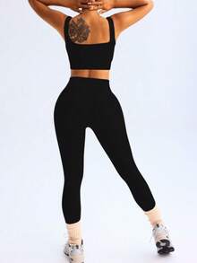 Fitness Set In Ribbed, Full-Bodied Polyamide - Top And Leggings - High Compression - Negro - Ver 4