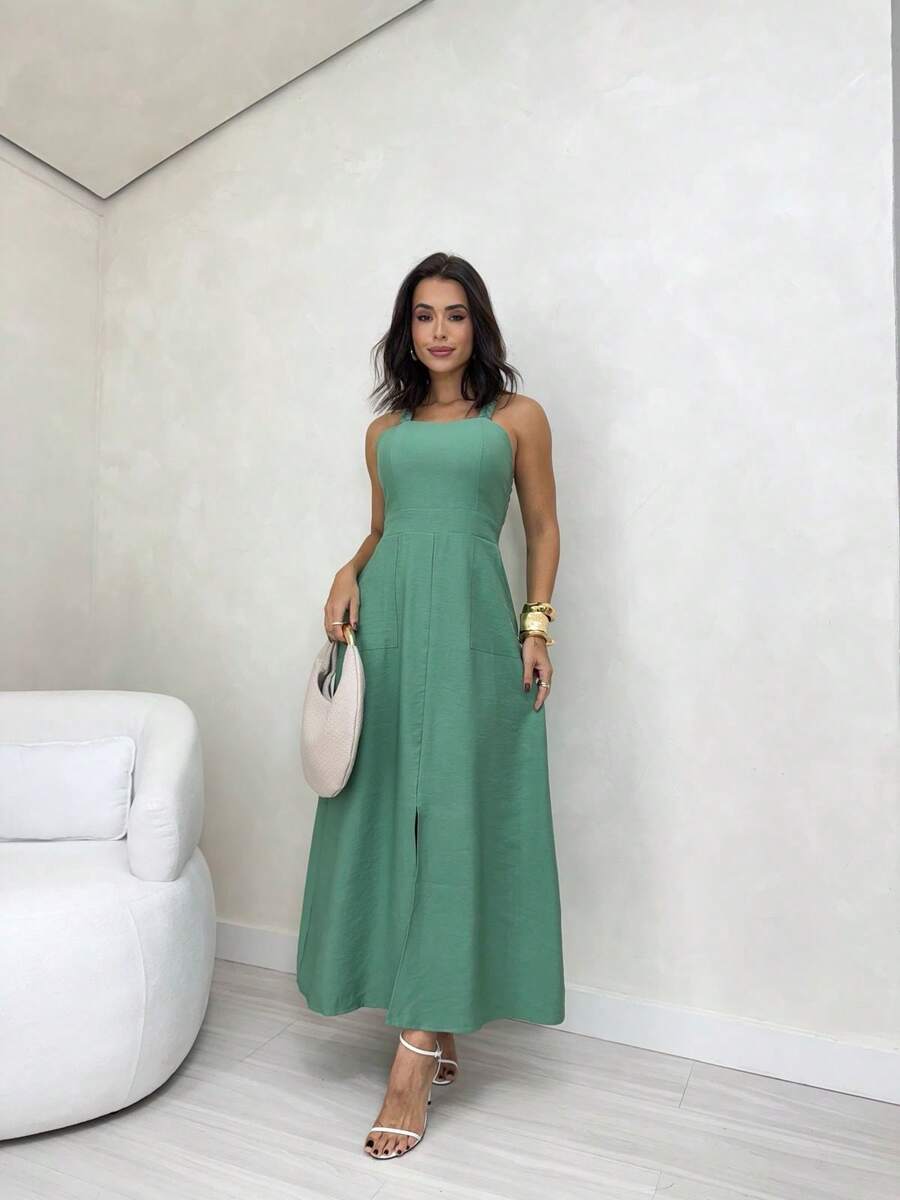 Long Dress Simple Elegant Casual Button Split Side Slit Women Wedding - 薄荷綠 - 查看 1