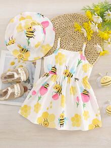 2pcs Baby Girl Summer Casual Bee Print Dress + Hat Set - Multicolor - View 2