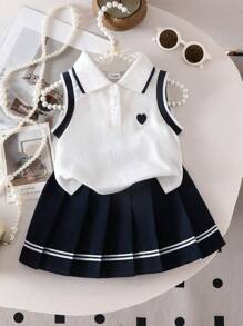2pcs Infant Girls' Heart Embroidered Polo Collar Sleeveless Top And Elastic Waist Pleated Skirt, Sweet & Cute Street Style Outfit, Elegant & Graceful