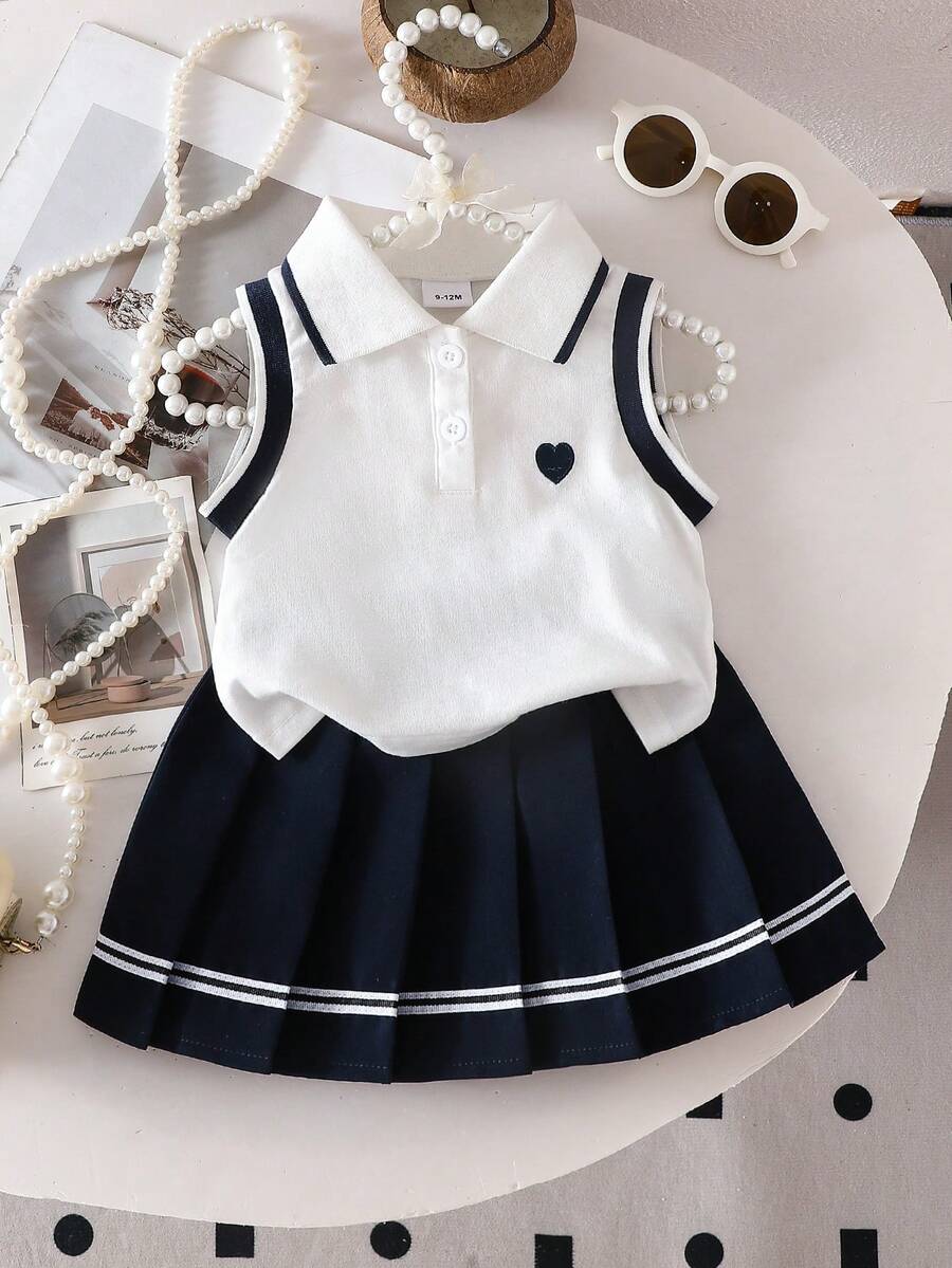 2pcs Infant Girls' Heart Embroidered Polo Collar Sleeveless Top And Elastic Waist Pleated Skirt, Sweet & Cute Street Style Outfit, Elegant & Graceful