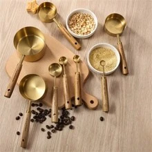 8pcs Stainless Steel Measuring Cups And Spoons With Acacia Wood Handles, Featuring Metric And Imperial Markings, Durable Kitchen Baking Tools Including A Spice Spoon And Coffee Scoop, Nesting Design For Easy Storage, Suitable For Baking, Cooking, And Cocktail Making